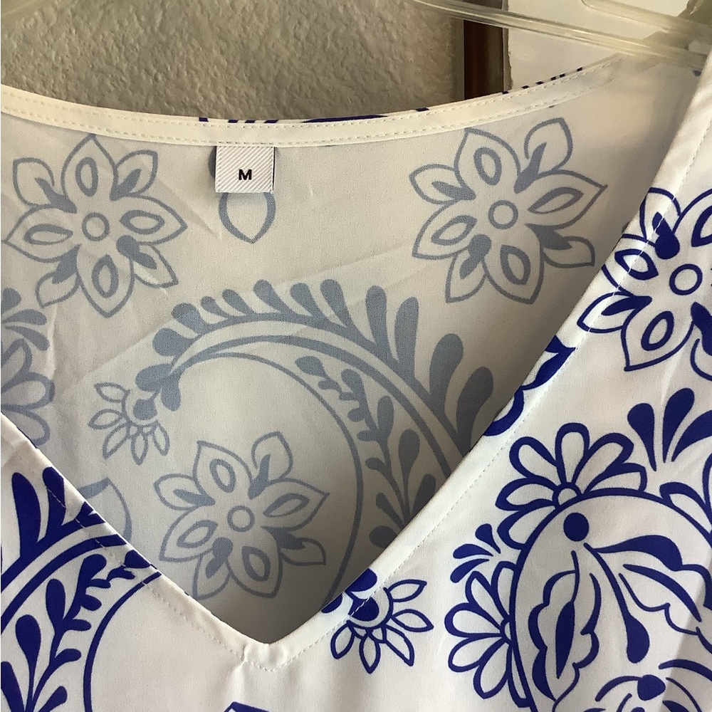 Floral Blue and White V-Neck cover up. 36” shoulder to hem
